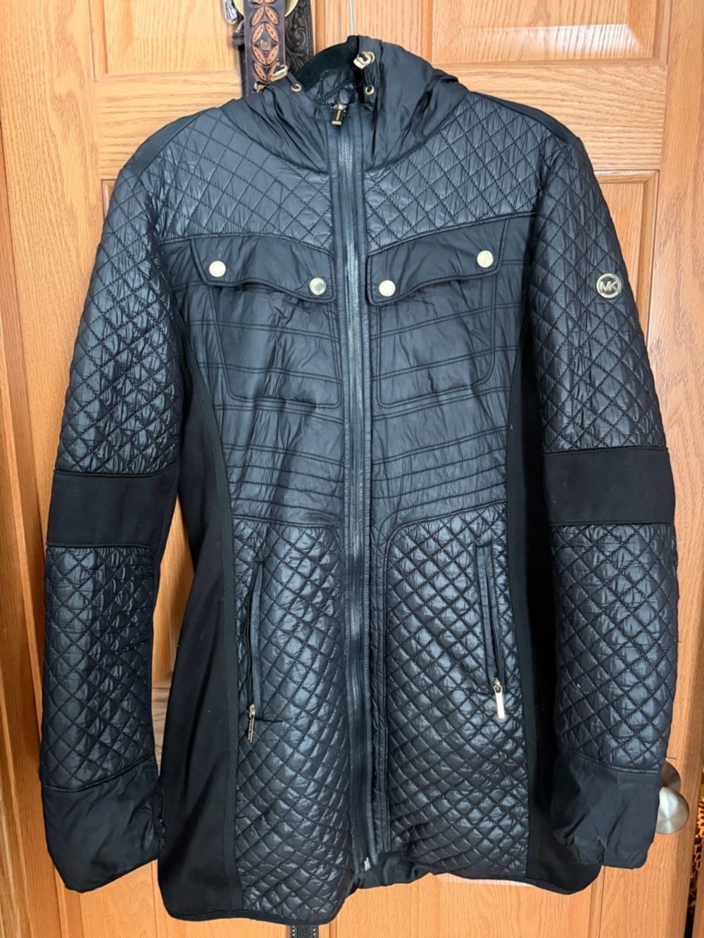 Michael Kors Black Quilted Hooded Puffer Jacket with Gold Accents